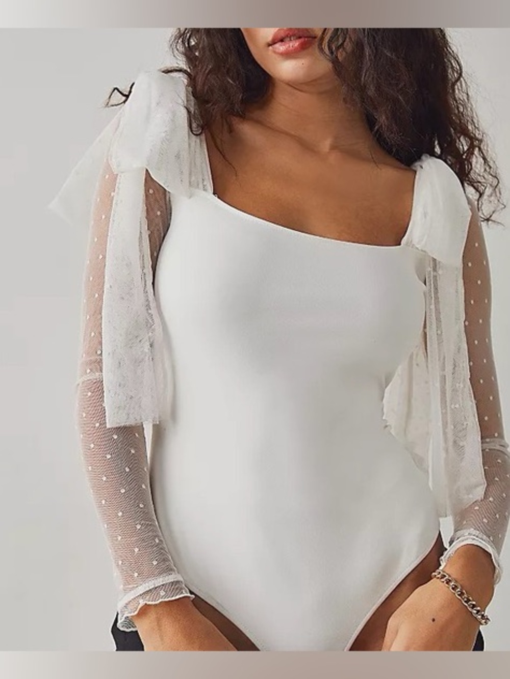 Free People - Tongue White Mesh Sleeves Square Neck Thong Bodysuit Size Small